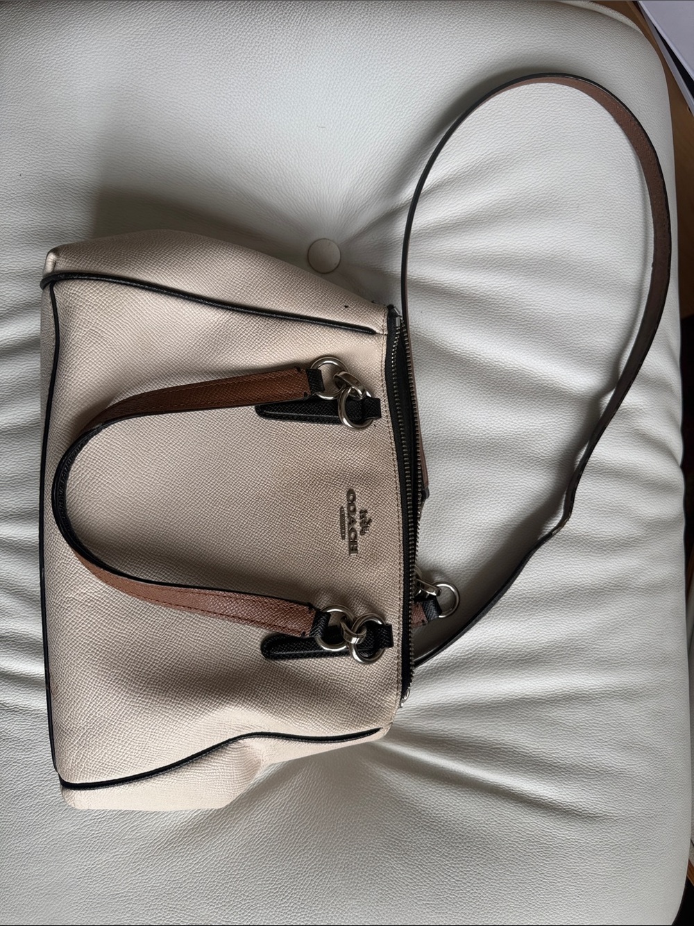 Coach Pebble Leather Satchel in Chalk with Tan and Black Trim